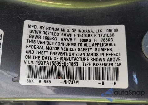 2009 Honda Civic Lx из США, поврежденный, VIN 19XFA16599E051663